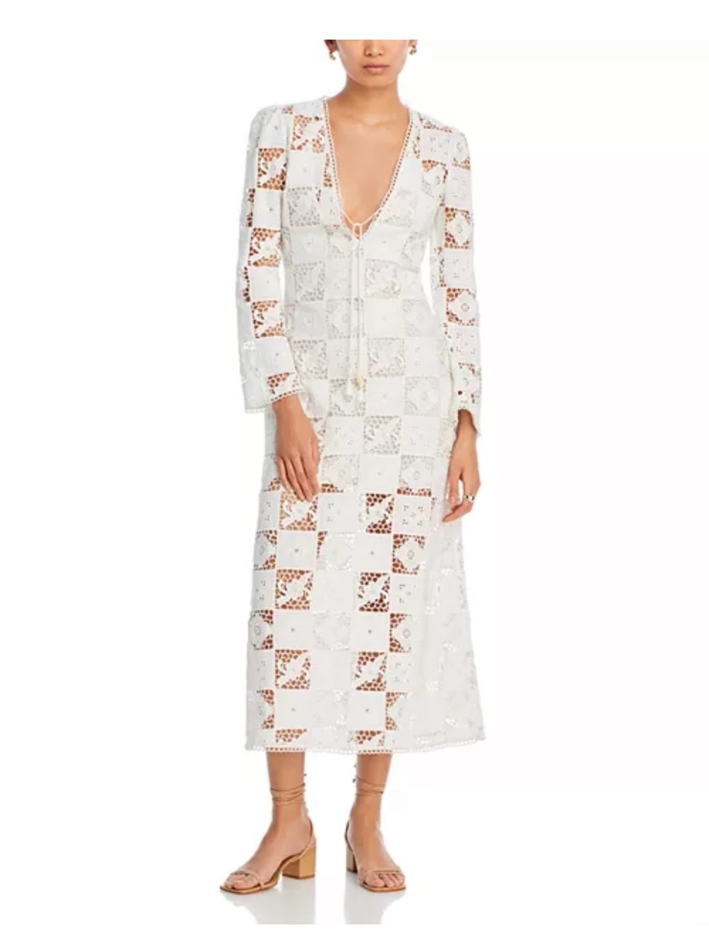 Sea New York White Crochet Lace Long Sleeve Tunic Dress with Tassel Tie
